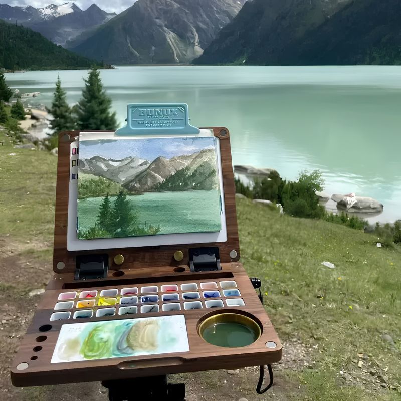 Portable art easel with watercolor painting of a mountain landscape in a scenic outdoor setting.