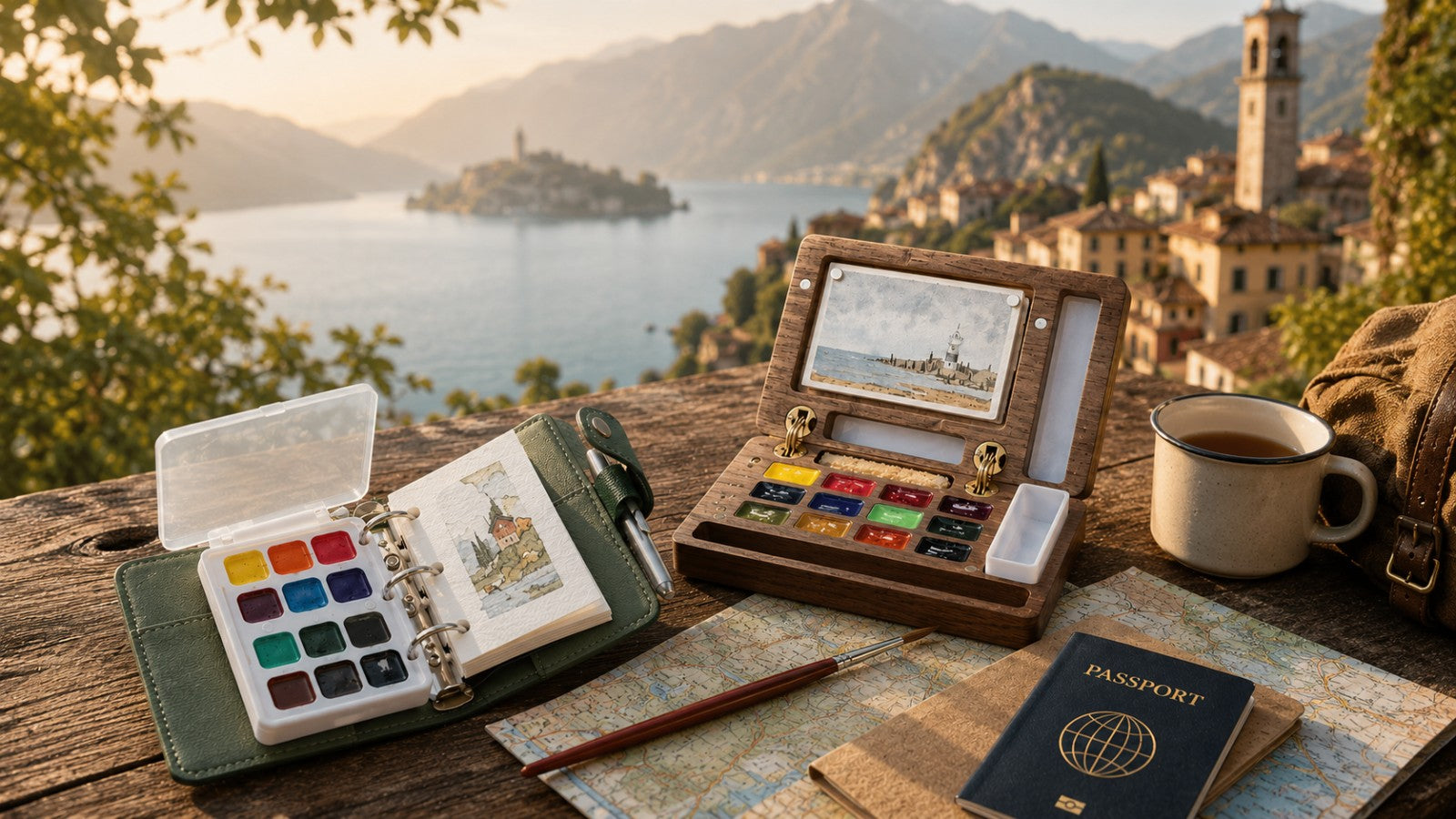 Open green leather and walnut ArtMate travel watercolor kits with paints, a brush, a folded map, a passport and a mug of tea on a wooden ledge overlooking an Italian lake at sunset